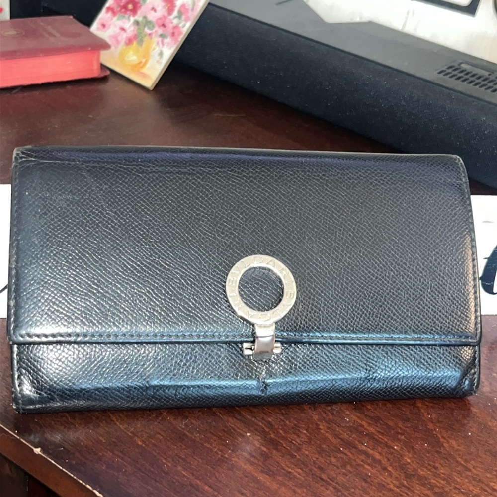 BVLGARI Clip Bi-Fold Long Wallet Bulgari Brugali Leather Authentic